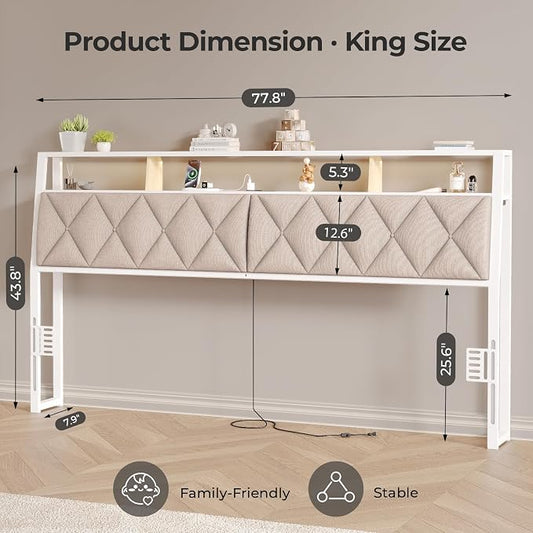 King Headboard Only, Headboard for King Size Bed with Storage, Upholstered Headboards with LED Lights & Charging Station, Attach Frame, Ideal for Bedroom/Dorm/Guest Room, White & Beige