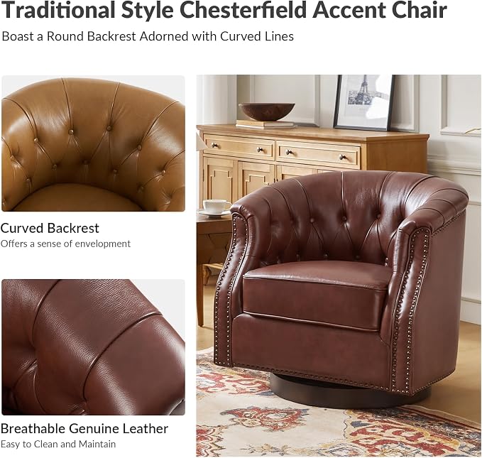 HULALA HOME Genuine Leather Swivel Accent Chair, Swivel Rocker Barrel Chair, Traditional Chesterfield Armchair with Button-Tufted Design, No Assembly Required, Brown