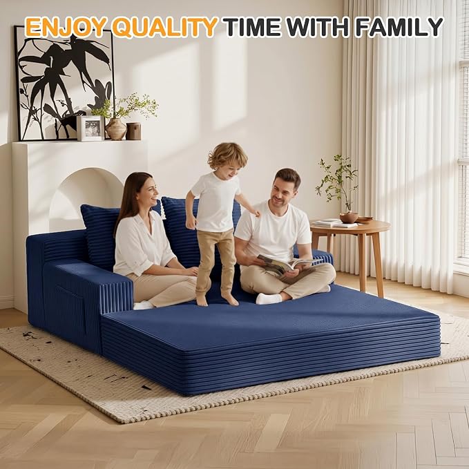 Erament Boneless Loveseat Convertible Sofa Bed, Folding Floor Futon Sleeper Sofa Couch Bed- Boneless Foldable Couch, Corduroy Pull Out Sofa Bed with 2 Pillows for Living Room & Bedroom