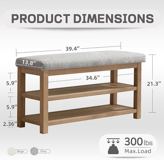 Zihanhome 2 Tier Shoe Rack Bench with Cushion, Solid Wood Shoe Benches, Mid-Century Modern Shoe Storage Bench for Entryway, Hallway, Living Room, Closet, Front Door Entrance, (Grey, 39.4")