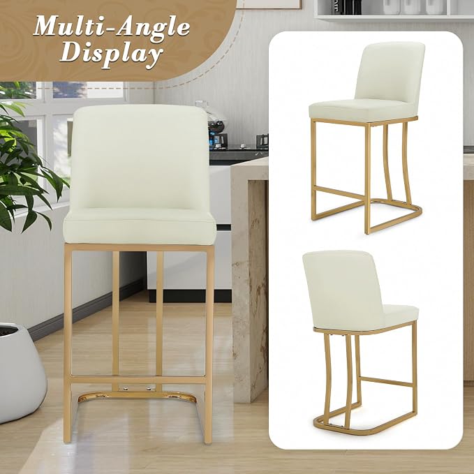 Athena Collection Counter Height Bar Stools Set of 2, 23.5 Inches Leather Upholstered Barstool Set of 2 with Back and Metal Legs, Modern Bar Stool Chairs for Kitchen Island, Dining Room, White