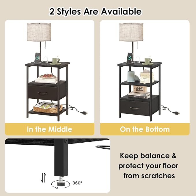Fixwal Nightstand with LED Lights Bedside Table with 3 Color Temperatures Bulb, NightStand with Charging Station End Table with Adjustable Fabric Drawer for Bedroom Dorm, Black