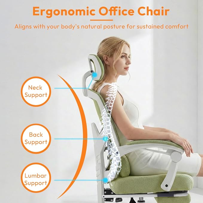 Home Office Desk Chair, Comfortable Mesh Computer Chair with Foot Rest, Reclining Gaming Chair with Headrest and Lumbar Support, 90°-130° Reclining, Light Green