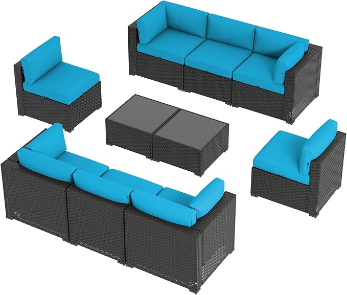 Aoxun 10 Piece Patio Furniture Set Wicker Rattan Patio Sectional Sofa Set Outdoor Seating Furniture with Thickened Cushion, Peacock Blue
