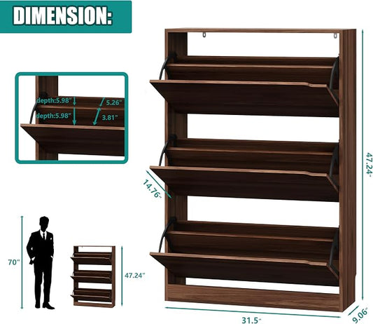 Xixini Shoe Storage Cabinet for Entryway with 3 Flip Drawers, Sturdy Wood Hidden Shoe Storage, Freestanding Narrow Slim Shoe Organizer for Front Door Entrance, Living Room, Hallway, Bedroom, Walnut