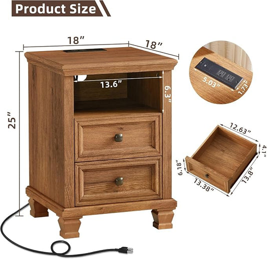 SAVOR LIFE Farmhouse Night Stand with Charging Station, Antique Bedside Table with Open Shelf & Thick Tabletop & Square Wooden Legs, Brown