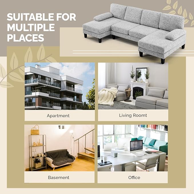 VINGLI 110' U-Shaped Sectional Couch with Two Chaise, Affordable Small Sofa with 4 Seats, Chenille Fabric Comfy Couches for Living Room, Light Grey