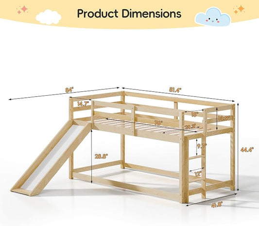 Bunk Bed with Slide, Wooden Bed Frame for Kids, Low Loft Bunk Bed Twin Over Twin with Ladders, Safety Guardrails for Kids, Toddlers, Boys, Girls, Teens, Bedroom (Natural)