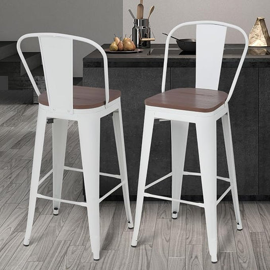 Athena Collection Counter Height Bar Stools Set of 2, 30.5 Inches Modern Barstools Set of 2 with Back and Metal Legs, Counter Height Bar Stool Chairs for Kitchen Island, Home, Dining Room, White