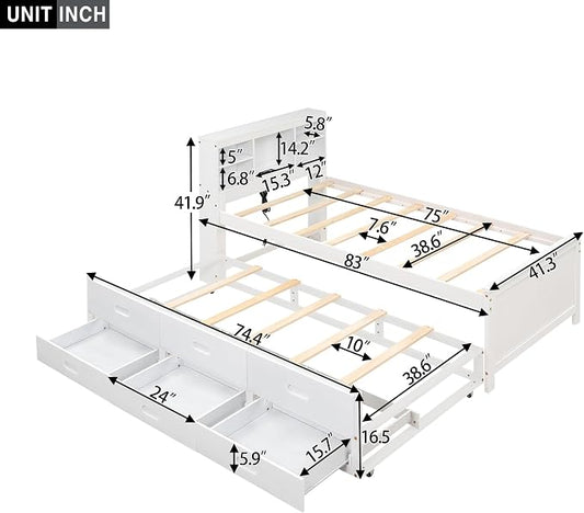 Merax Twin Size Platform Bed with Storage Headboard, USB, Wood Bedframe with Twin Size Trundle and 3 Drawers, White