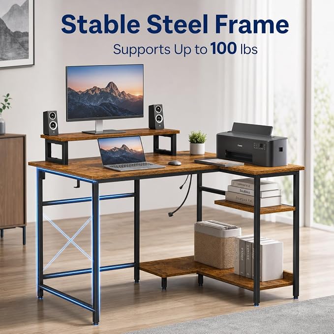 DEVAISE Compact 43" L Shaped Gaming Desk with LED Lights and Power Outlets - Corner Computer Table with Monitor Stand and Storage Shelves for Work and Gaming, Rustic Brown