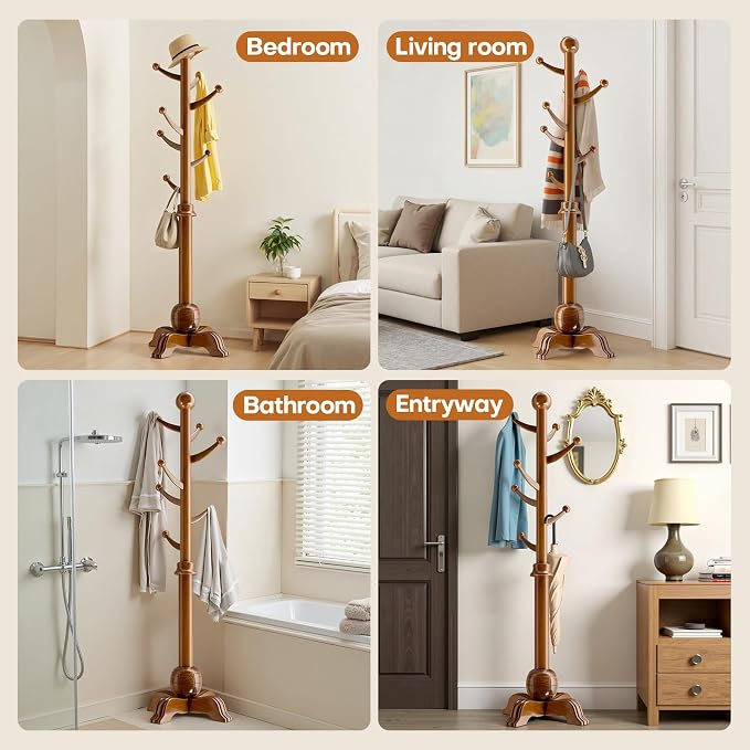 Hall Tree, Freestanding Wood Tree Rack with 7 Hooks, Coat Rack with Stable Sphere Base, Wooden Coat Rack Stand, Load 210 lb, Coat Hanger Stand for Entryway, Hallway, Bedroom (Natural)