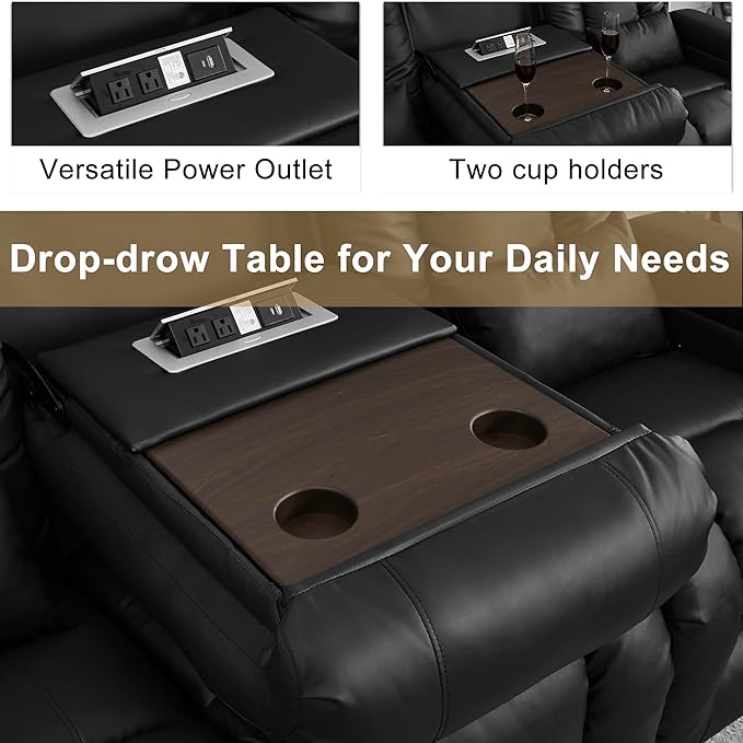 URRED Power Loveseat Recliner Sofa with Massage and Heat, Wall Hugger Reclining Loveseat with Console, RV Couch Home Theater Seating with LED Lights for Living Room (Black, 76.8" - 3 Seats)