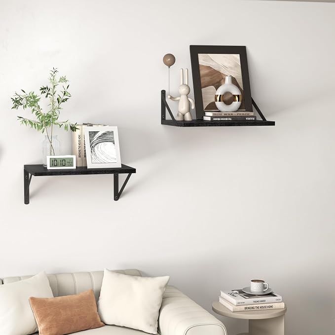 Heimlove Black Deep Floating Shelves for Wall, 16W x 12D Wood Wall Shelves Set of 2, Wide Floating Bookshelf for Living Room, Kitchen, Office, Bedroom and Decor Storage, with Metal Bracket - Black