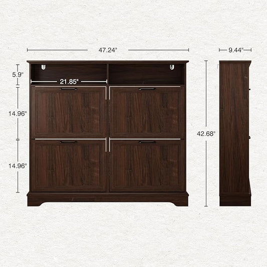 Shoe Storage Cabinet with 4 Flip Drawers, Farmhouse Modern Hidden Shoes Rack Cabinet with Adjustable Shelves & Open Storage, Narrow Slim Shoe Organizer for Front Door Entrance, Entryway, Walnut