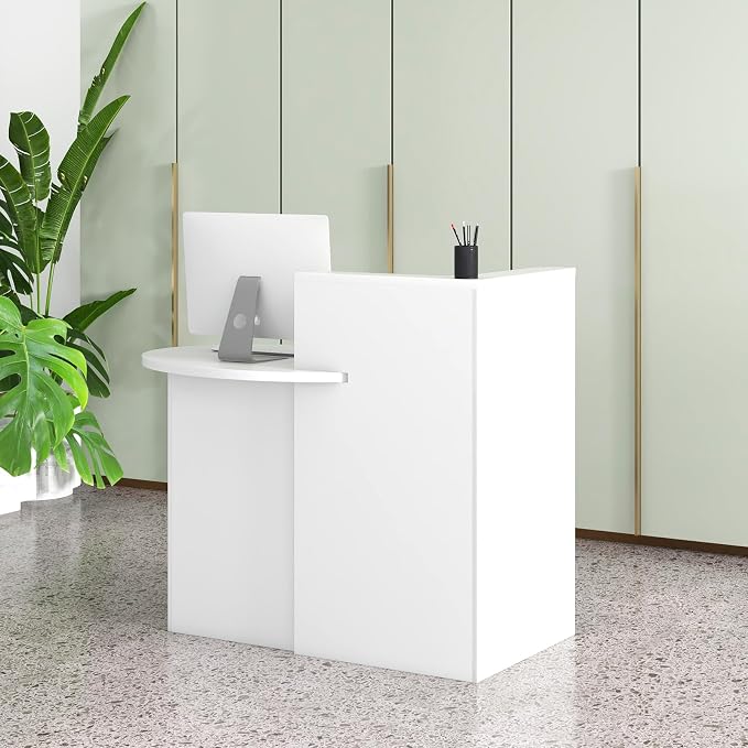 Reception Desk, Retail Checkout Counter w/Lockable Drawer & Open Shelves, Computer Workstation, Small Front Desk Reception Counter for Company Lobby Store Salon Office (White)