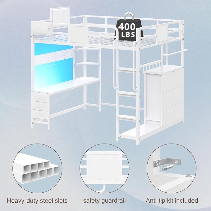 Dnxao Full Size Loft Bed with Desk, 900 lbs Heavy Duty Metal Bed Frame for Adults & Teens, 6 Storage Drawers, Power Outlet with Type-C, LED Lights, Integrated Study Workstation for Small Room, White