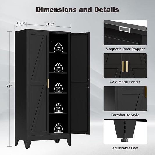 71" Tall Metal Pantry Cabinet, Kitchen Storage Cabinet with 2 Doors and 4 Adjustable Shelves for Kitchen, Living Room, Dining Room, Bathroom and Home, Office (Black, 1PC)