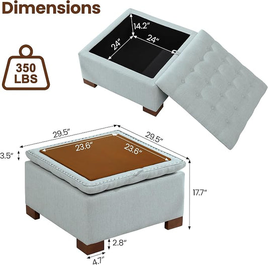 30 Inch Square Storage Ottoman Coffee Table, Modern Tufted Upholstered Ottoman with Flip Tray and Solid Wood Legs, Suitable for Living Rooms, Linen Blue
