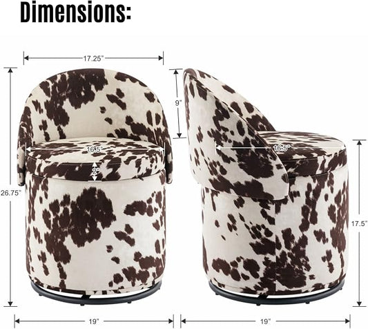 LukeAlon Linen Makeup Ottoman with Storage, Upholstered 360° Swivel Vanity Stool with Foldable Backrest Modern Cylindrical Footrest Stool for Living Room Bedroom, Cow Print
