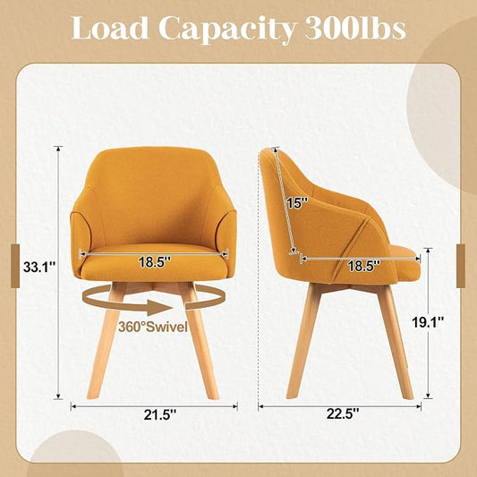 Swivel Dining Chairs Set of 4, Linen Fabric Upholstered Dining Chairs with Arms and Wood Legs, Mid Century Modern Kitchen Chairs for Dining Room Living Room 360°Swivel, Comfortable Large Seat, Yellow