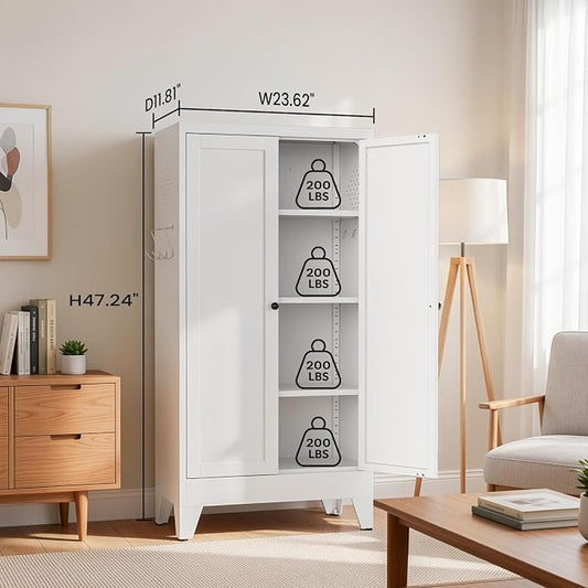 Metal Pantry Cabinet, 47" Kitchen Pantry Cabinet with 2 Doors and 3 Adjustable Shelves, White Steel Storage Cupboard for Dining, Office, Living Room, Bathroom