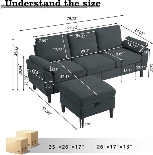 80" Convertible Sectional Sofa, Modern Linen Small L Shaped Couch with Reversible Chaise and Storage Ottoman, 3-Seat Sofa Couches for Living Room, Office, Apartment, Dark Grey