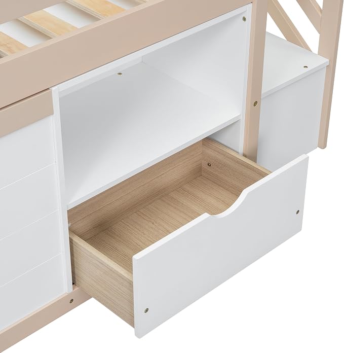 Bellemave Twin Size Low loft Bed for Kids,Wood Loft Beds,Modern Farmhouse Twin loft Bed,Loft Bed with Desk and Storage, No Box Spring Needed,for Kids, Cream White and Natural