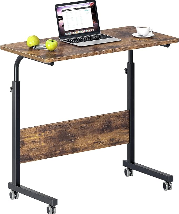 DlandHome Rolling Desk Adjustable Standing Desk, Mobile Side Table 31.4 Inches w/Wheels Adjustable C Table Movable Portable Laptop Computer Stand for Bed Sofa,Retro
