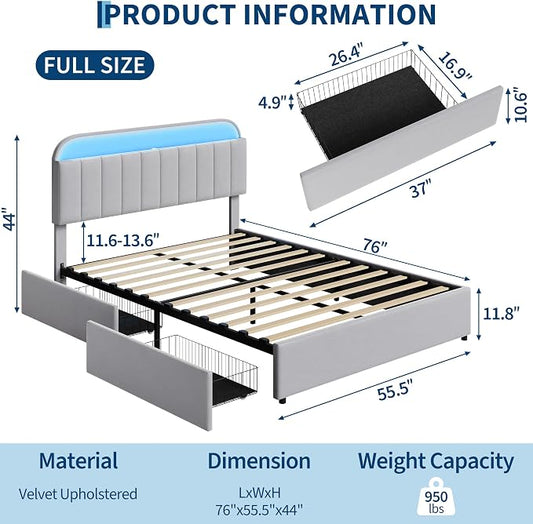 GarveeHome Full Bed Frame with Storage Headboard, Kids Bed Frame with 2 Drawers, Velvet Upholstered Platform Bed Frame with Lights, No Box Spring Needed, Easy Assembly, Velvet Grey