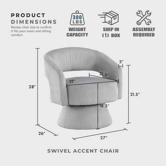 Lexicon 360 Degree Swivel Accent Chair, Modern Comfy Corduroy Round Barrel Chair, Open Back, Plush Foam Cushions, Metal Swivel Base for Living Room/Bedroom/Office/Small Spaces, Gray