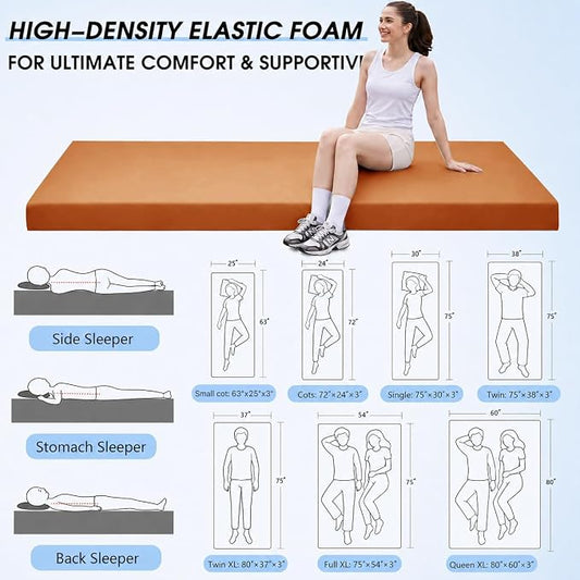 CYMULA 3 Inch Memory Foam Camping Pad, Camping Essentials Roll Up Floor Mat for Car Camping, Cot, Tent, Truck, Travel and Guest Use, Non-Slip Waterproof Bottom, Removable Cover