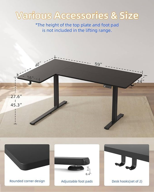 YIHAYO Reversiable L-Shaped Electric Standing Desk, 59 Inches Stand Up Corner Desk, Sit and Stand Up for Work Office Home, Ergonomic Rising Computer Table with Splice Board, Black