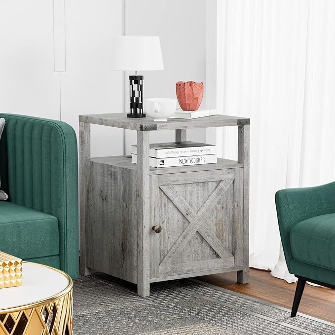 Farmhouse Nightstand with Charging Station, Grayish White End Table Bedroom with Storage Living Room Side Table Beige Night Stand Industrial Bedside Bed Table with USB Ports and Outlets