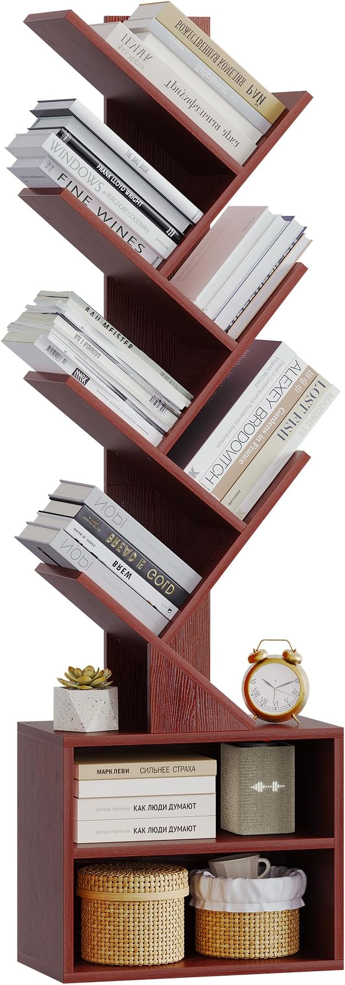SUNMORY 6 Tier Tree Bookshelf, Tall Bookcase with Storage Cabinet, Modern Narrow Bookshelves Organizer, Floor Standing Book Shelf for Bedroom/Living Room/Home Office/Corner, Cherry