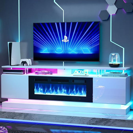 70" Fireplace TV Stand, Modern Entertainment Center for TVs Up to 80", TV Console with Storage Cabinets, Media Console for Living Room, WI-FI Enabled White TV Stand and Black Fireplace