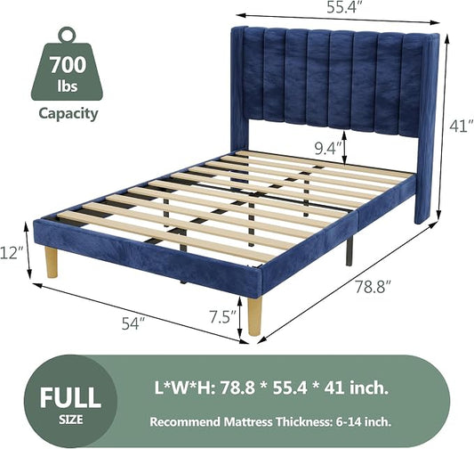 alazyhome Platform Bed Frame Full Size with Upholstered Headboard, Solid Wood Slats Support, No Box Spring Needed, Noise Free, Easy Assembly, Modern Velvet Bed, Blue
