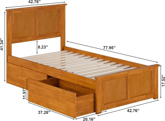 AFI, Madison Twin Platform Bed with Matching Footboard & Storage Drawers, Light Toffee
