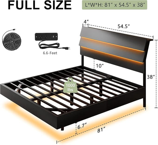 Feonase Floating Bed Frame Full with Led Lights and Charging Station, Wood Full Size Bed Frame with Storage Headboard, Heavy Duty Metal Slats, No Box Spring Needed, Easy Assembly, Noise-Free,Black