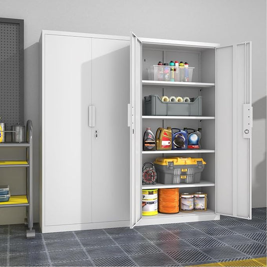 Tall Steel Garage Storage Cabinet with Lock, 71" H Heavy Duty Metal Storage Locker with 4 Adjustable Shelves for Home, Office, White
