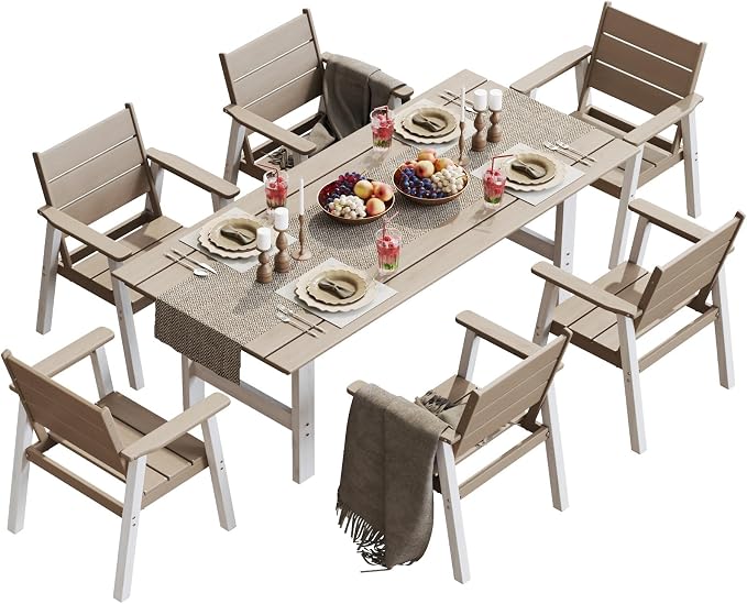Outdoor Dining Set,7-Piece Patio Table and Chairs Set for 6, HDPE Outdoor Dining Table and Chairs with Umbrella Hole, All-Weather Patio Dining Furniture Set,White Brown