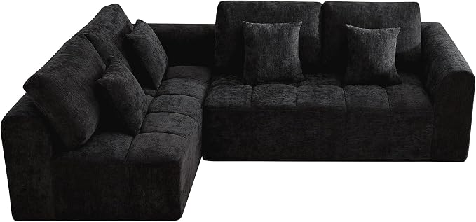 110''Modular Sectional Couches for Living Room, Cloud Boneless Compressed Sofa Left Facing Chaise, Oversized L Shaped 4 Seater Memory Foam Sofa, No Assembly, Chenille Black