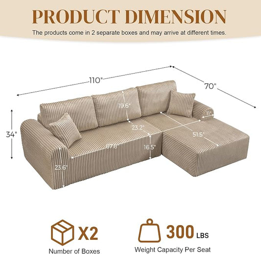 110" L Shaped Boneless Sectional Couches for Living Room, Comfy Corduroy Floor Cloud Sofa with Chaise, Wide Armrest, Deep Seat, Memory Foam, Assembly Free, Ideal for Small Spaces, Brown