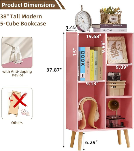 LEYAOYAO 5 Cube Bookshelf 3-Tier Bookcase with Legs,Mint Light Pink Kids Book Shelf Cute Storage Organizer,Free Standing Open Toy Shelves Wood Bookshelves,Display Bookcases for Bedroom,Living Room