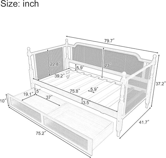 Merax Twin Size Rattan Bed Frame with 2 Storage Drawers, Wood Bedframe Daybed for Bedroom, Guest Room, Limited Space, No Box Spring Needed, Antique Walnut