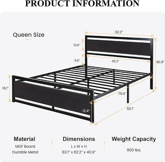SHA CERLIN Heavy Duty Queen Size Bed Frame with Modern Headboard,Black | Platform Metal Base with Square Footboard and 13 Strong Slats Support, No Box Spring Needed
