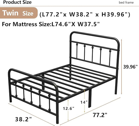 Vengarus Twin Metal Bed Frame with Victorian Headboard & Footboard, Black | 14" Twin Metal Platform Frame, Heavy Duty Steel Slat Support, Noise Free, No Box Spring Needed, Easy Disassembly & Transport