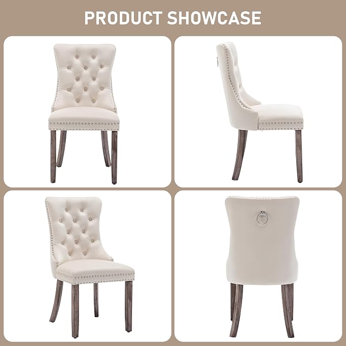 Mid Century Modern Dining Chair Set of 6 Velvet Upholstered Dining Accent Chair Farmhouse Dining Chairs with High Back and Nailhead Trim for Kitchen, Living Room, Bedroom (Beige)