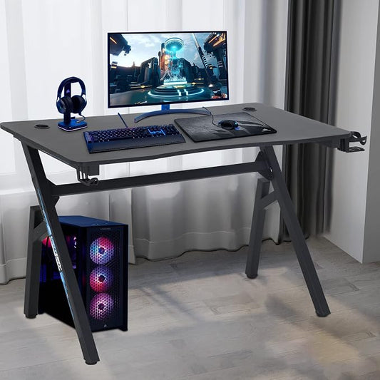 BestOffice | 47" Gaming Desk | Blue | Carbon Fiber Textured Computer Desk | Sturdy Steel Frame, Cup Holder, Headphone Hook, Cable Management Holes, Adjustable Leg Pads | for Gamers, Home, Office