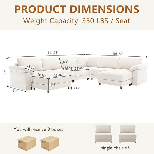 Oversized L Shaped Sectional Couch for Living Room, Extra Large Deep Seat Modular Sectional Sofa with Washable Covers, Modern Cloud Couch for Apartment, Bedroom (Beige, U Shape 8 Seat)